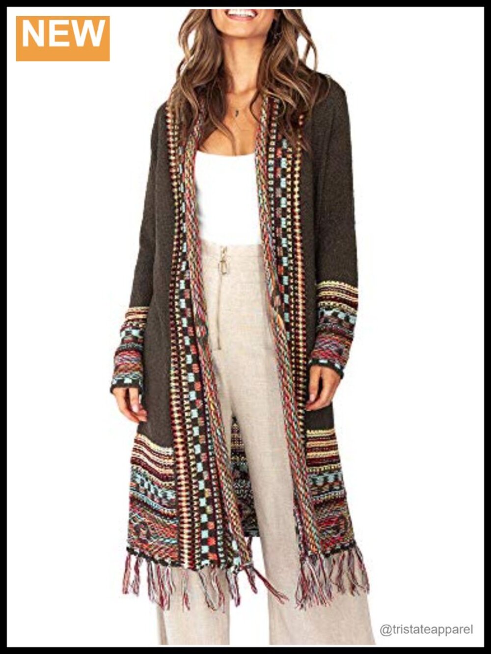 Boho Cardigan Sweater Long Open Front Maxi Knit Tassel Fringe Aztec Tribal